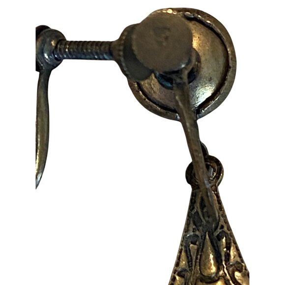 Vintage Red & Bronze Screw-Back Earrings With Intricate Floral Design & Large Ov - Picture 3 of 6